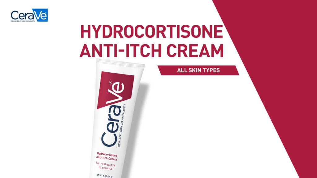 CeraVe hydrocortisone cream tube next to mildly sunburned skin