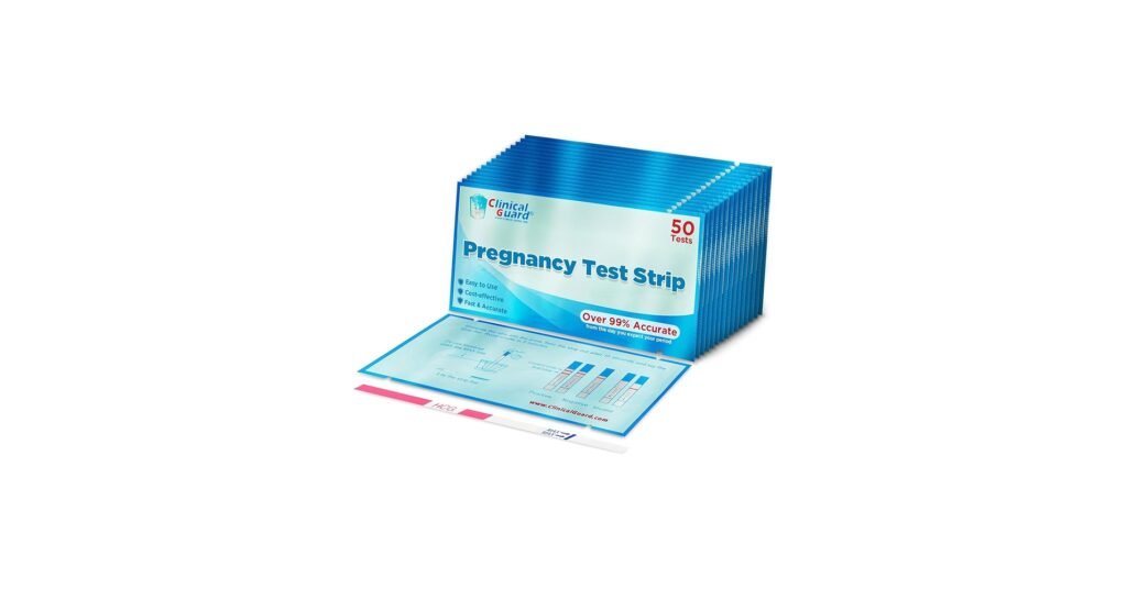 Clinical Guard pregnancy test strips in sealed wrappers with quick-result timing