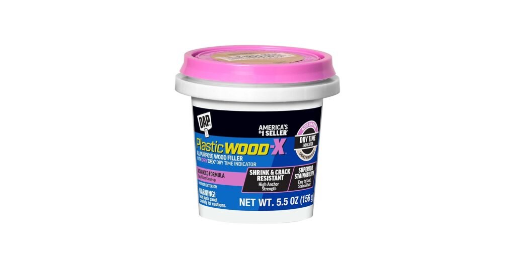 DAP Plastic Wood-X wood filler smoothed over pine board surface