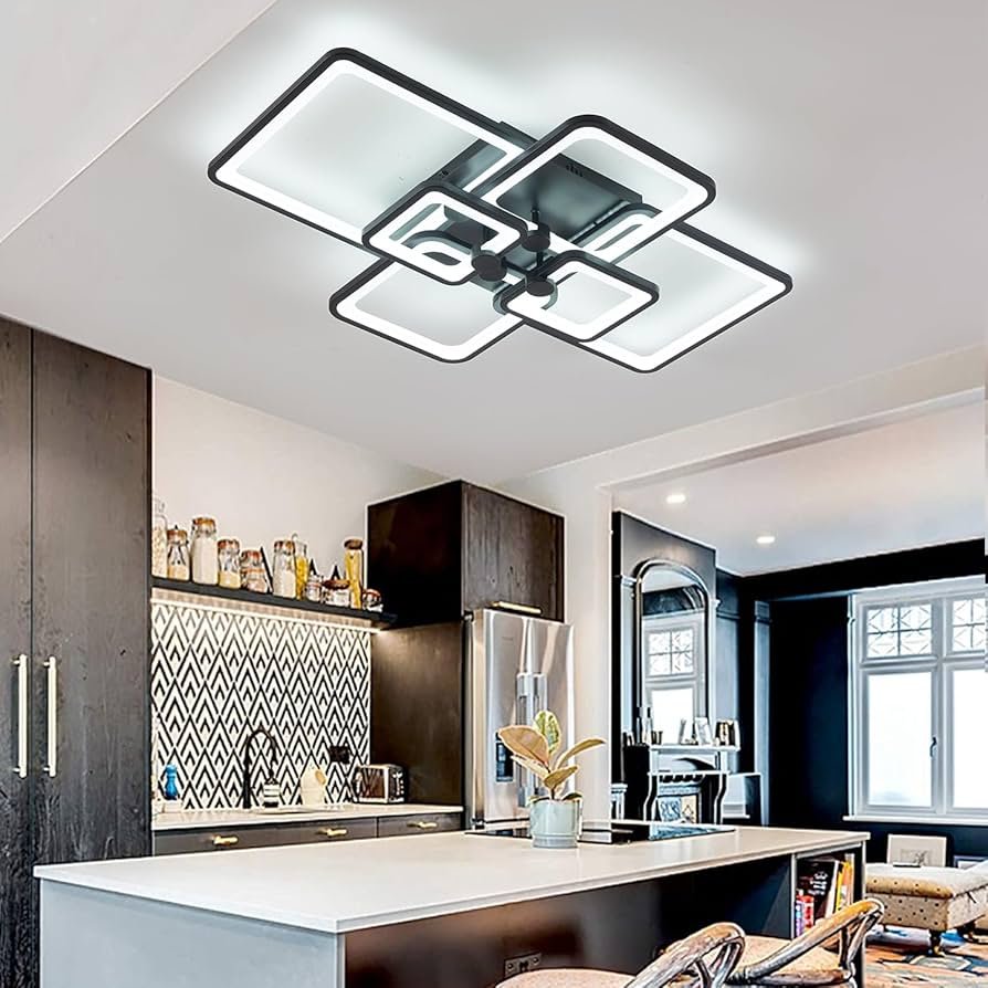 Modern flush mount LED ceiling light installed in finished basement