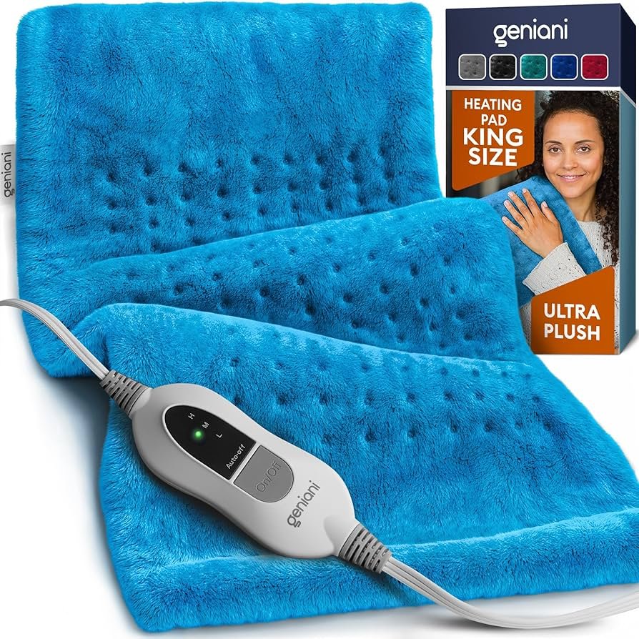 GENIANI XL heating pad with plush fabric covering lower abdomen during cramp relief