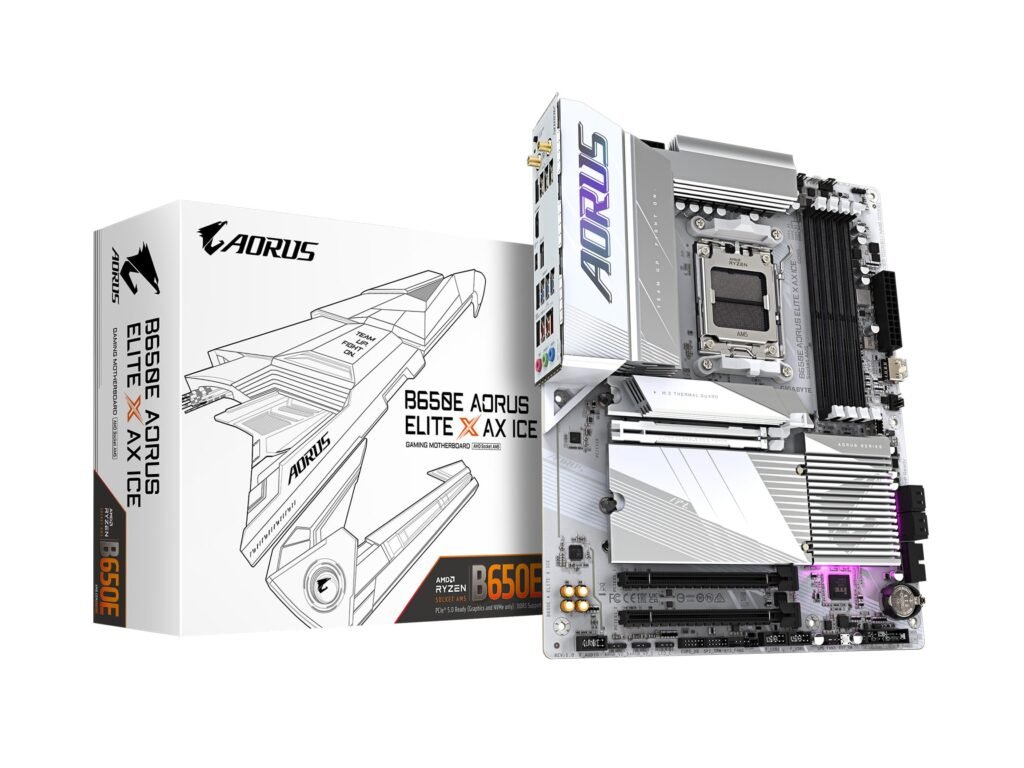 Gigabyte B650E Aorus Master ATX gaming motherboard with PCIe 5.0 slots and large VRM heatsinks