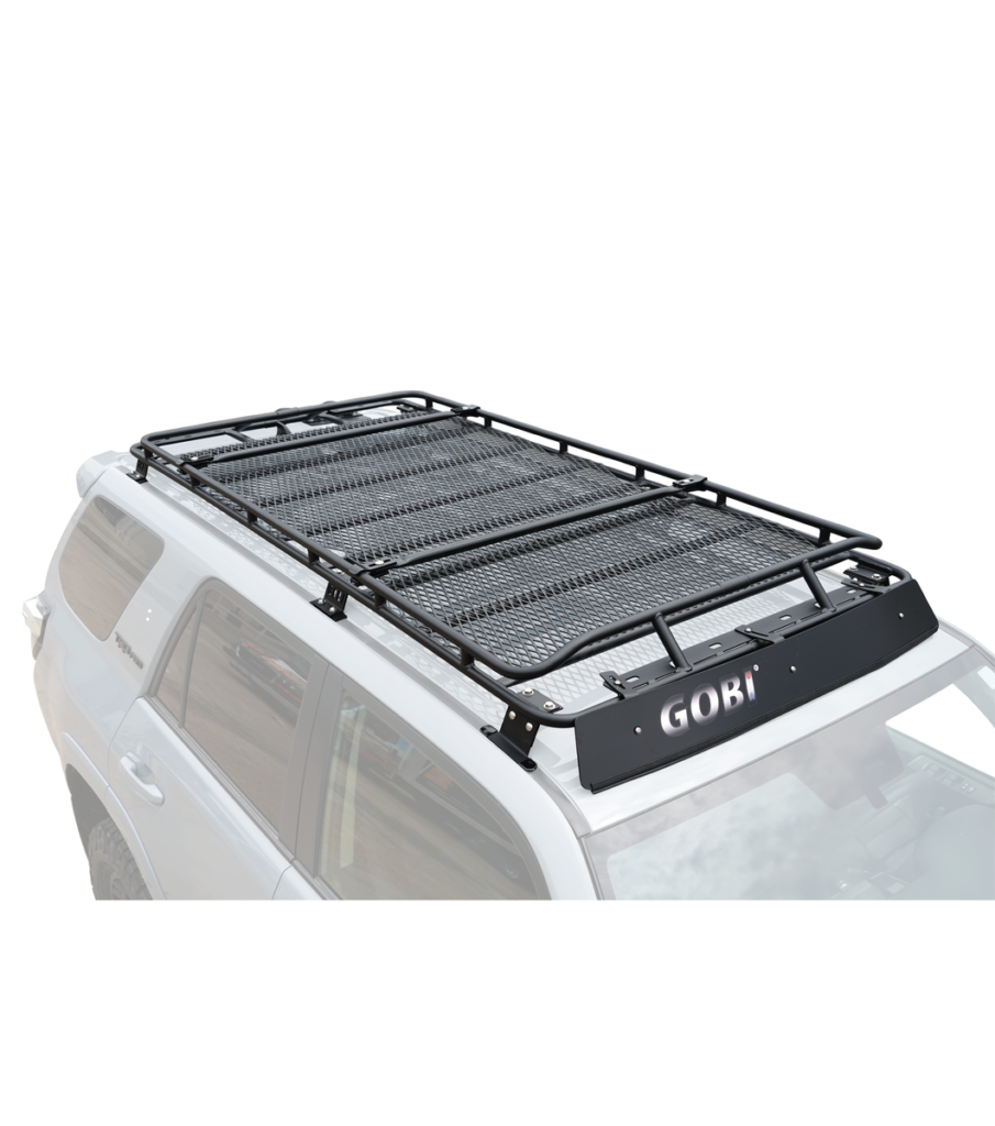 Gobi Stealth basket roof rack on a Toyota 4Runner with camping bags strapped down