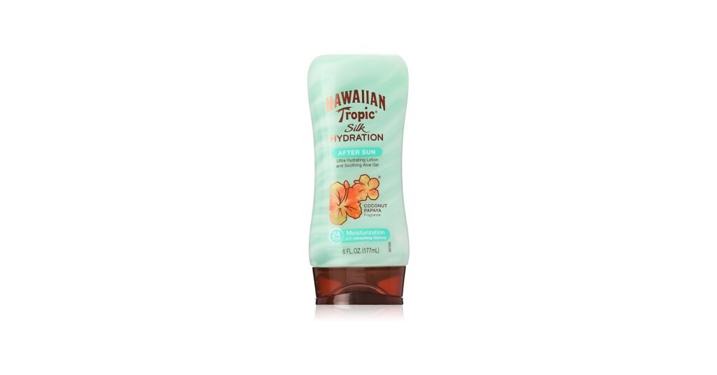 Hawaiian Tropic after sun lotion bottle with beach background