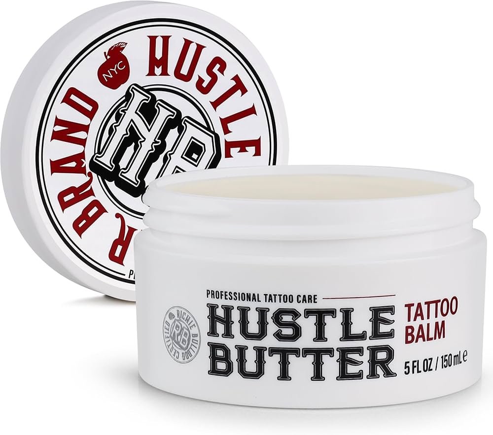 Jar of Hustle Butter Deluxe tattoo aftercare balm for new ink healing in USA