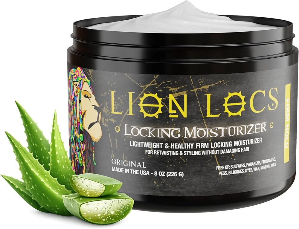 Lion Locs hair locking gel in jar used for moisturizing and shaping locs