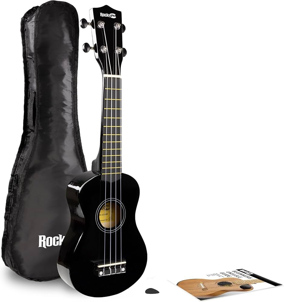 Black soprano ukulele with lightweight body and nylon strings