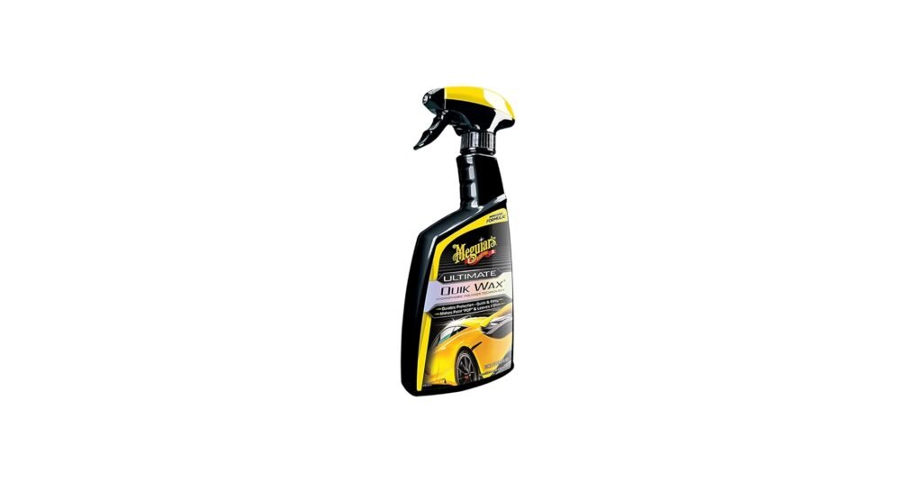 Meguiar’s Ultimate Quik Wax bottle with black car reflecting high gloss finish