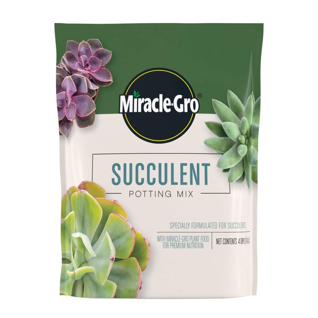 Miracle-Gro succulent potting mix in an open bag next to a potted snake plant