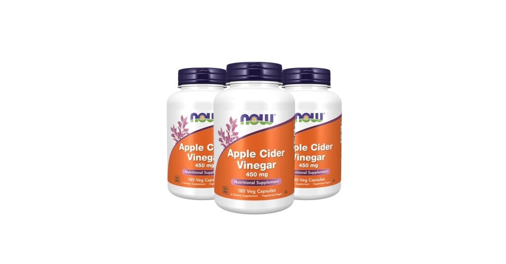 NOW apple cider vinegar capsules bottle with green and white label