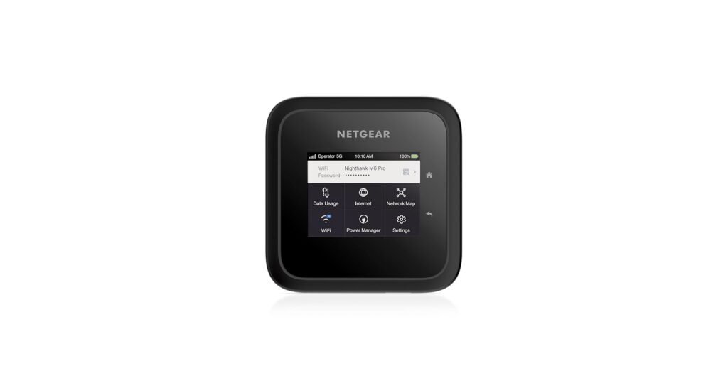 Netgear Nighthawk M6 Pro 5G mobile hotspot device with touchscreen display on desk setup