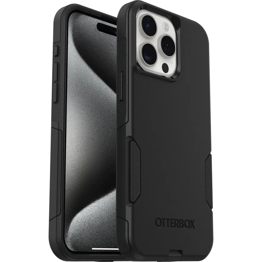 OtterBox Commuter case on iPhone 15 Pro showing slim layered build and port cover