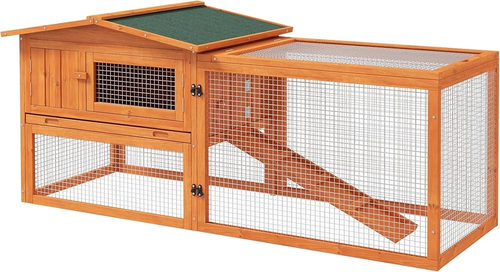 PawHut wooden rabbit hutch with attached outdoor run placed in backyard grass