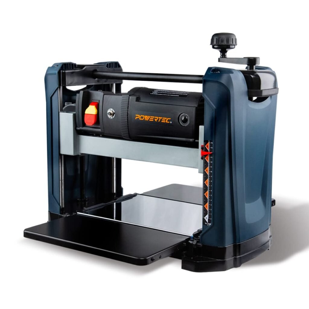 PowerTec benchtop thickness planer in a small home workshop