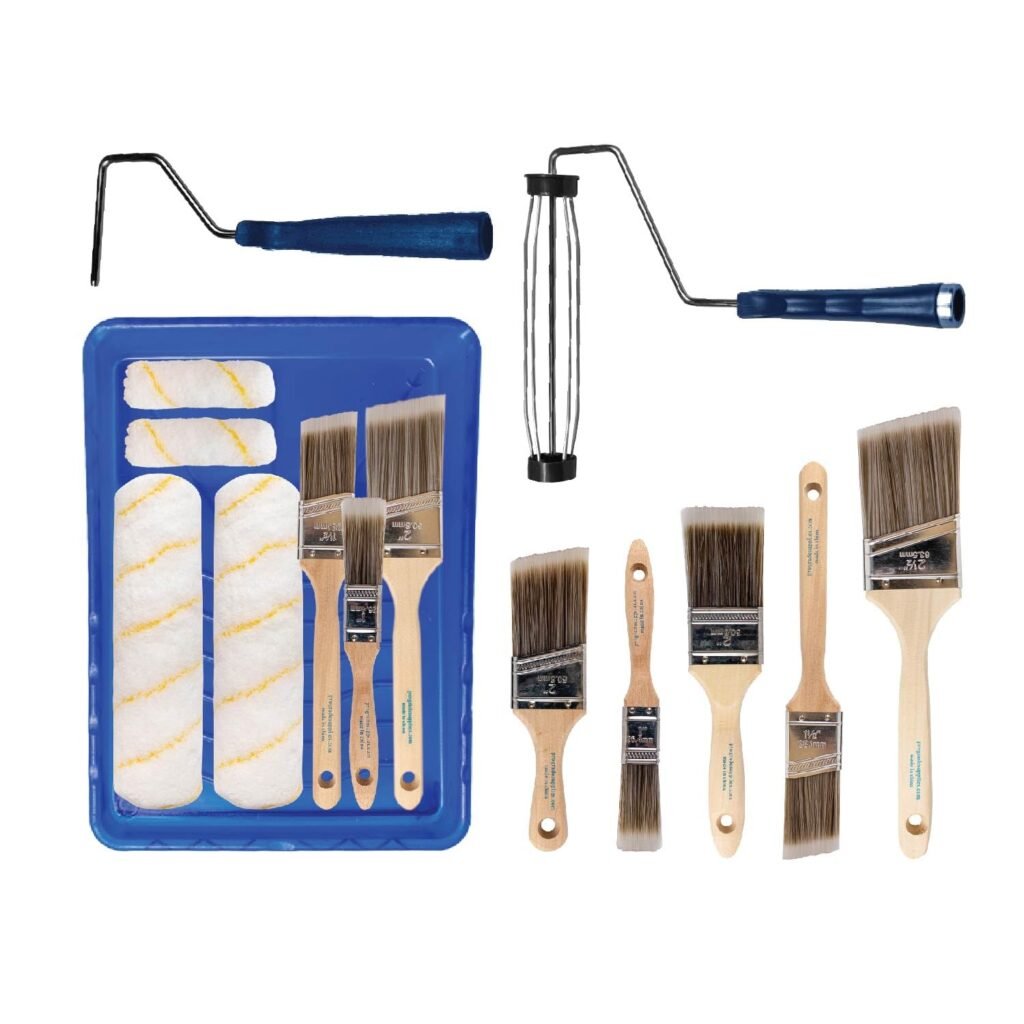 Pro Grade paint brush set displayed with multiple angled and flat brushes for cabinet painting