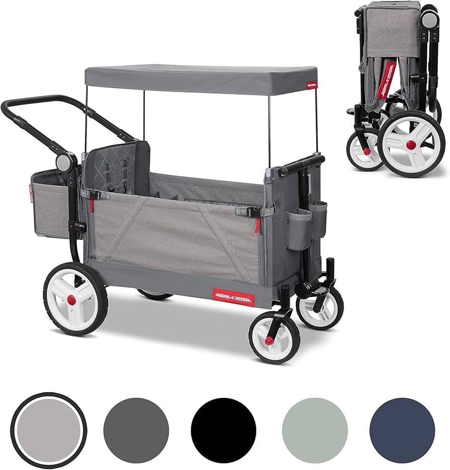 Radio Flyer Odyssey stroller wagon with bench seating and storage compartment