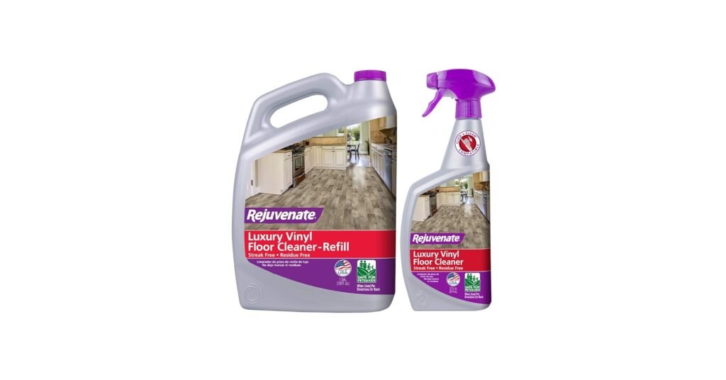 Rejuvenate Luxury Vinyl Floor Cleaner bottle beside a microfiber mop on vinyl plank flooring