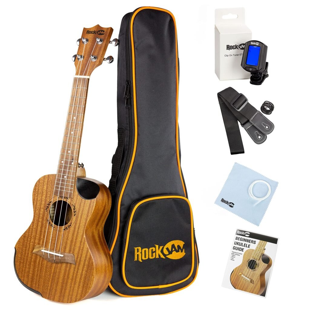 Natural finish concert ukulele with full accessory kit including strap and tuner