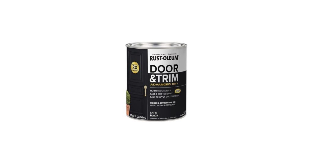 Rust-Oleum door and trim paint quart can next to freshly painted metal garage door