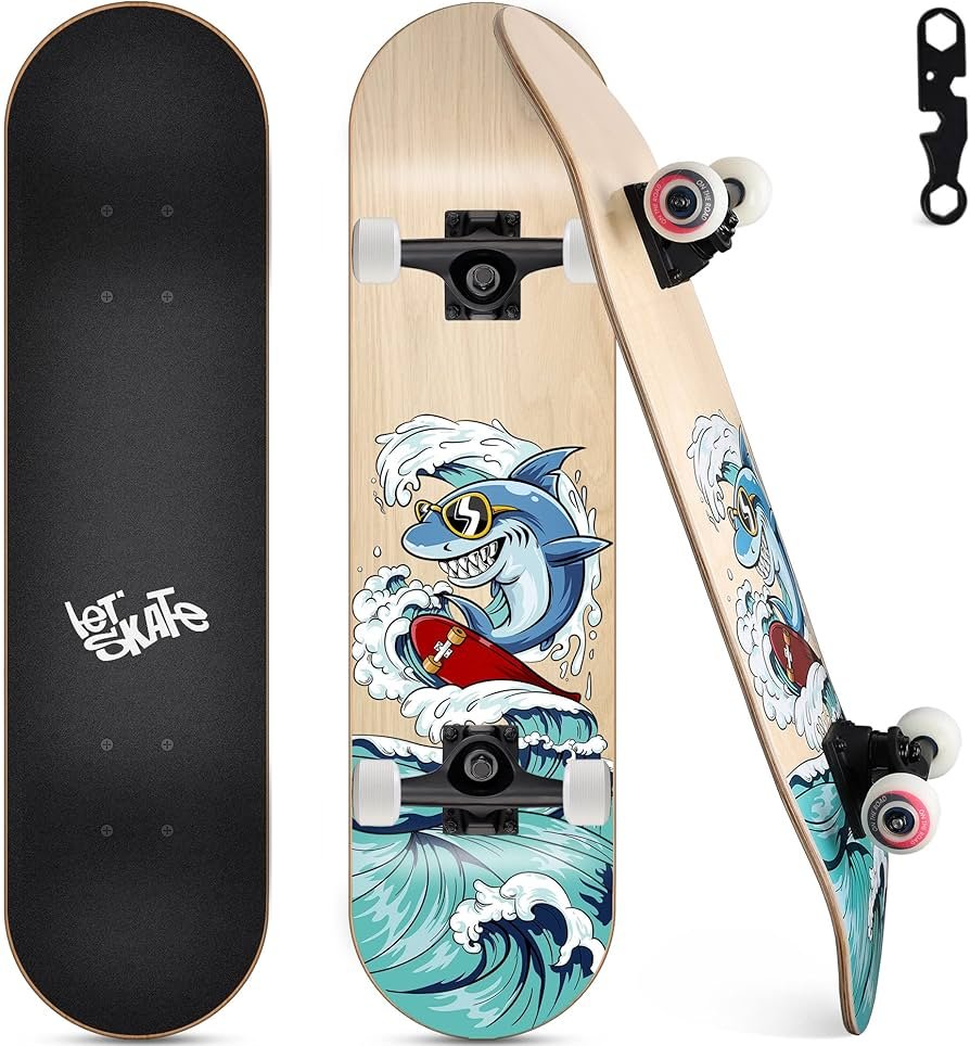 Ryvorbe 31 by 8 inch skateboard with maple deck for beginners learning turns and basic tricks