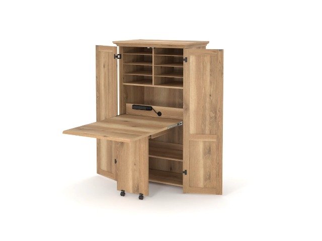 Sauder sewing armoire cabinet closed and open showing hidden storage shelves