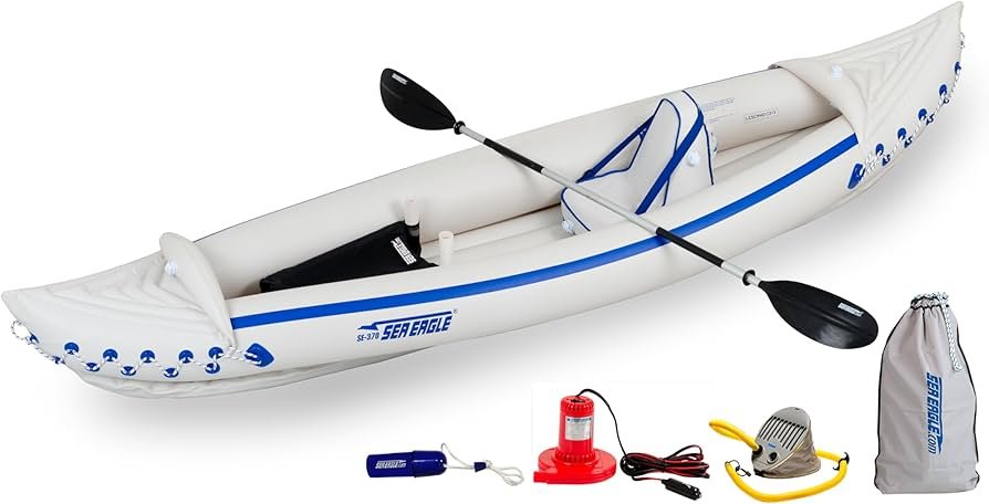 Sea Eagle SE370 inflatable kayak with open interior floor space suitable for a dog