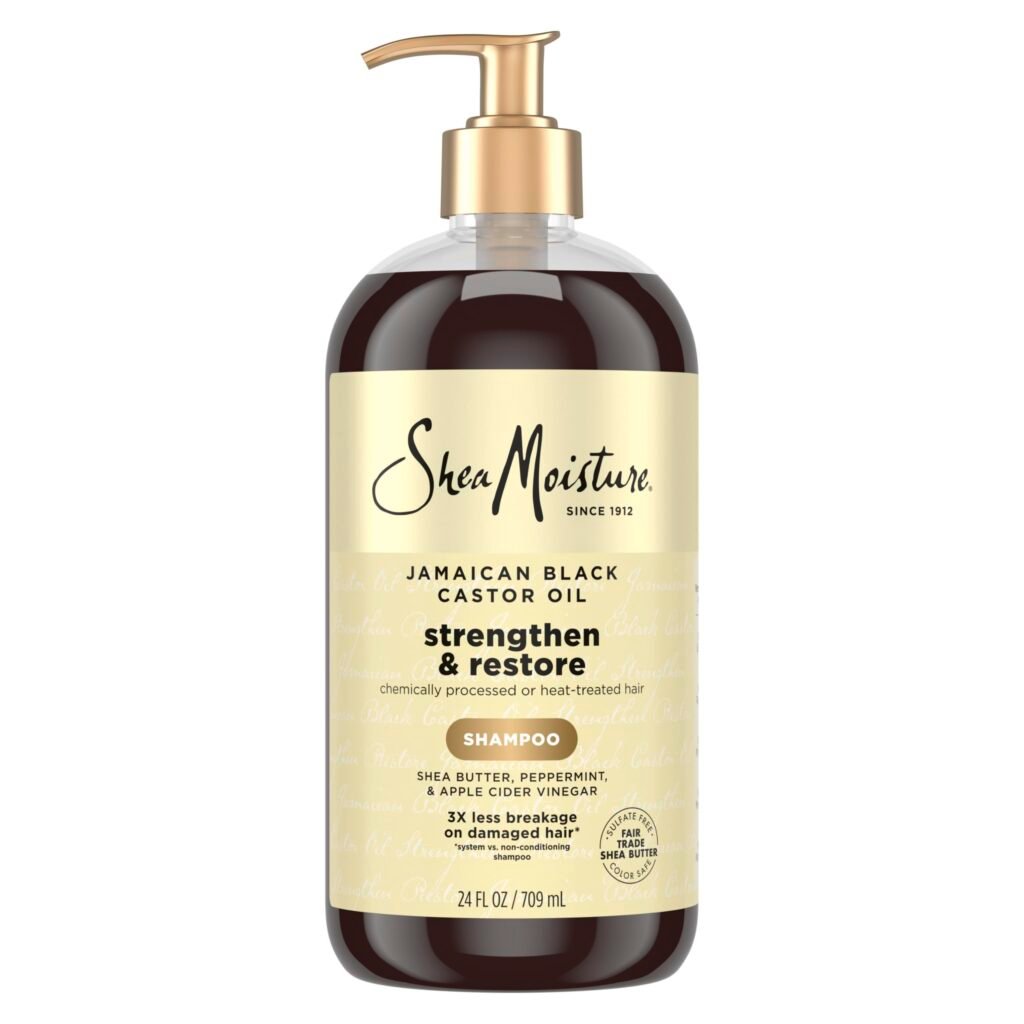 SheaMoisture Strengthen and Restore shampoo bottle for locs and dreadlocks with Jamaican black castor oil formula