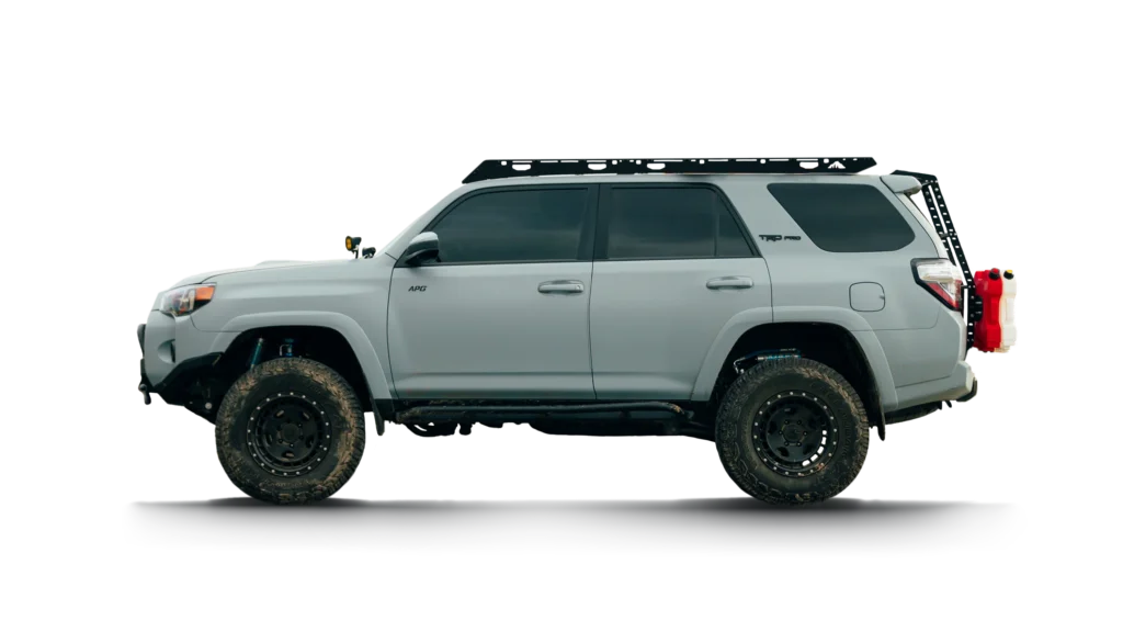 Sherpa Crestone roof rack on a 4Runner carrying a low-profile cargo box