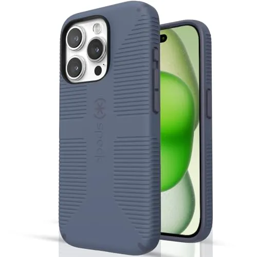 Speck CandyShell Grip case on iPhone 15 Pro showing textured grip sides and raised screen lip
