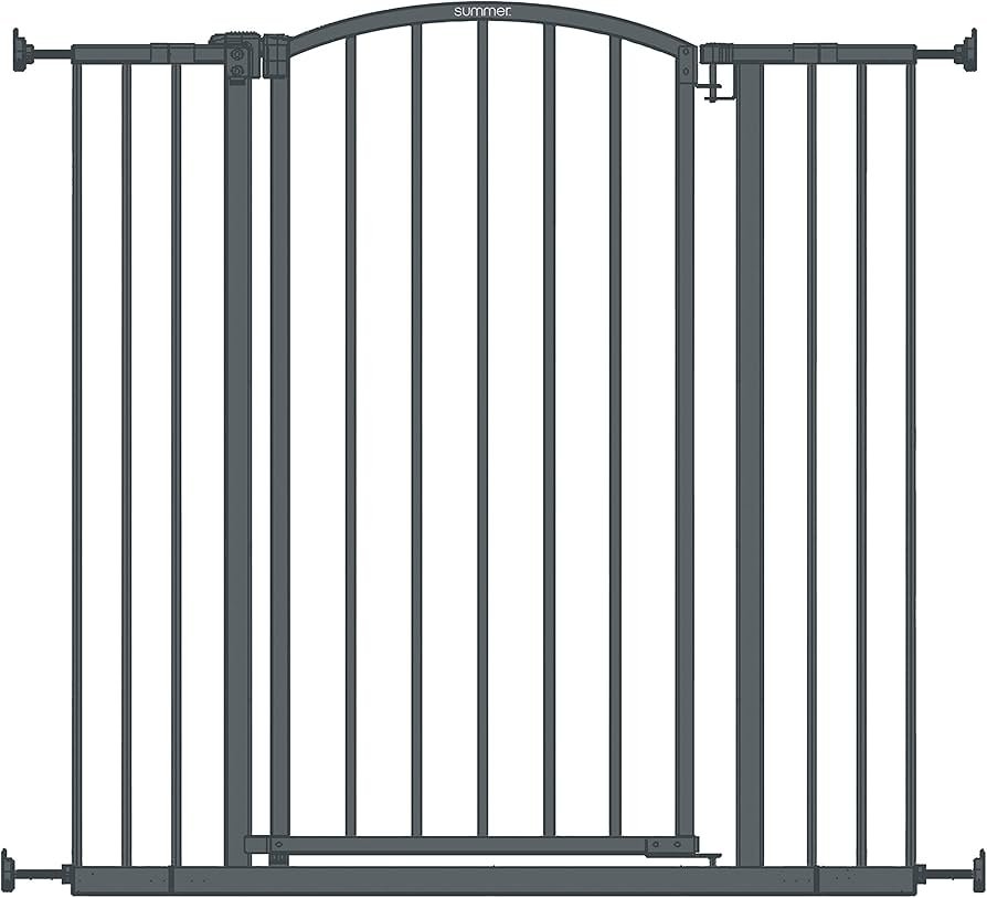 Extra tall Summer Infant decor baby gate in gray installed in a stairway opening with wide walk-through door
