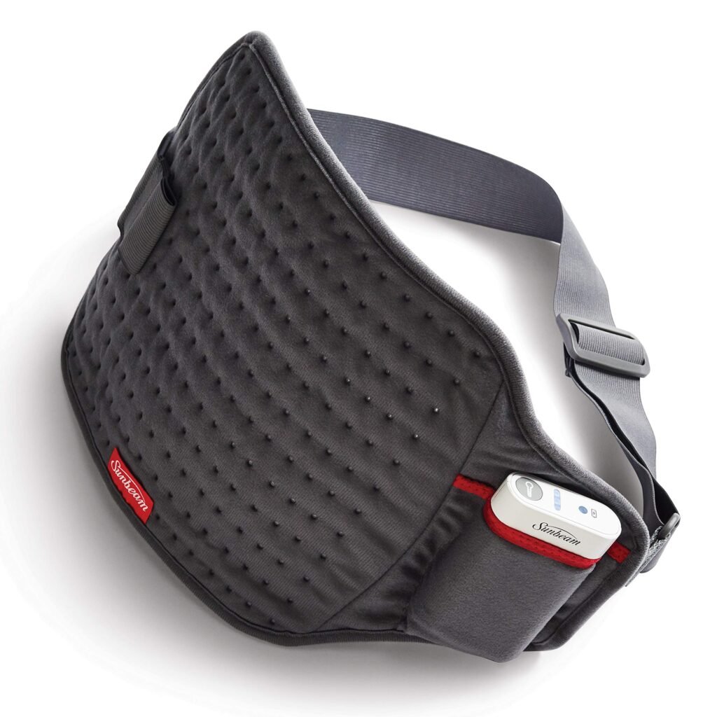 Sunbeam cordless heating pad belt worn under clothing for portable cramp relief