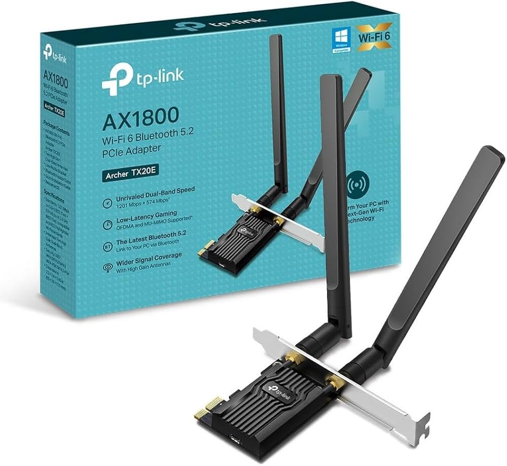TP-Link Archer TX20E PCIe WiFi 6 card with antenna base on desk