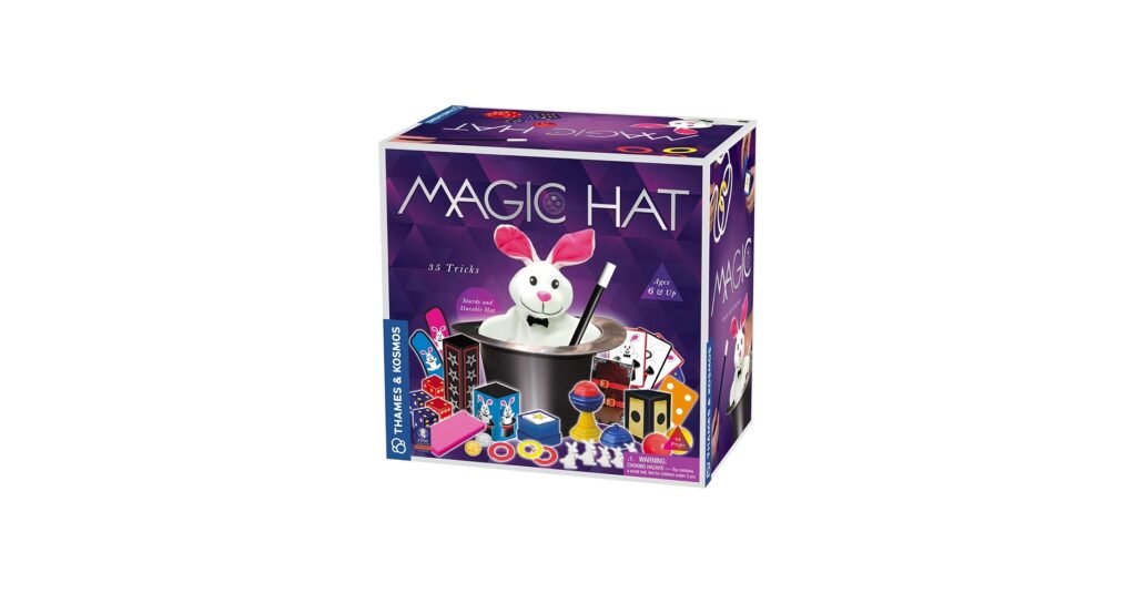Magic kit with a black top hat, rabbit puppet, and assorted trick props