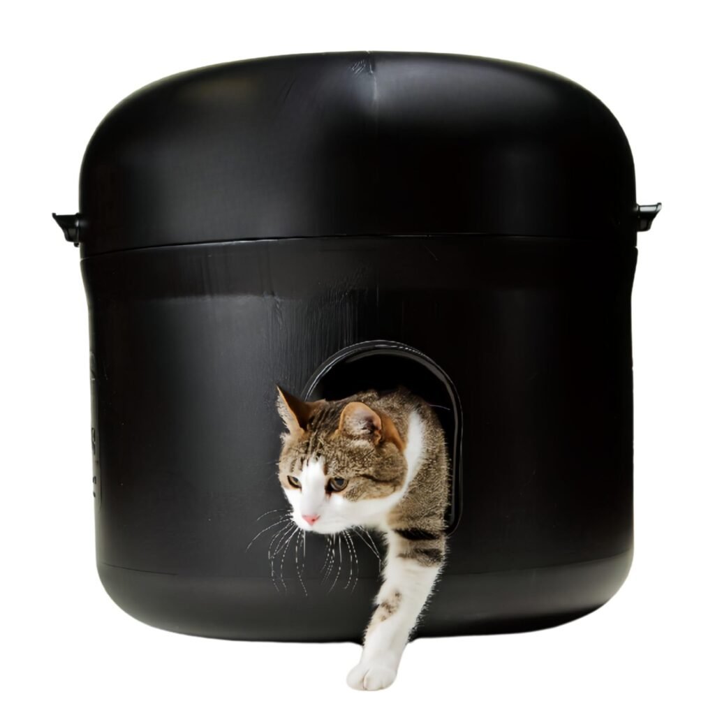 Kitty Tube insulated outdoor cat shelter with round entrance sitting in snow