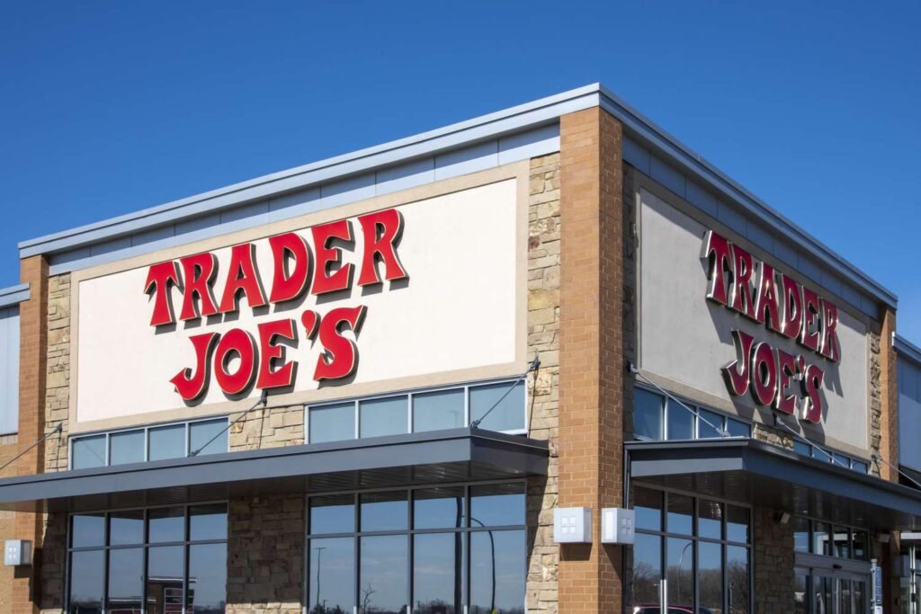 Trader Joe’s grocery aisle with specialty snacks, frozen foods, and branded private-label items