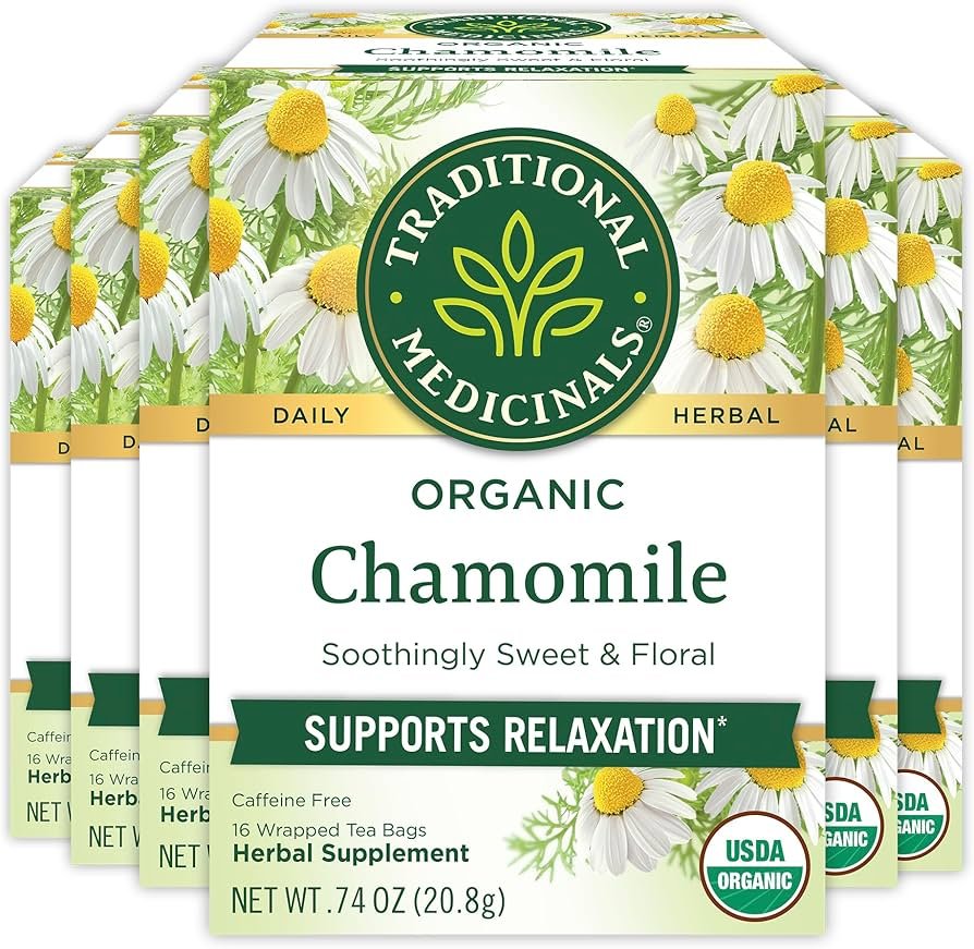 Traditional Medicinals chamomile tea box with organic seal