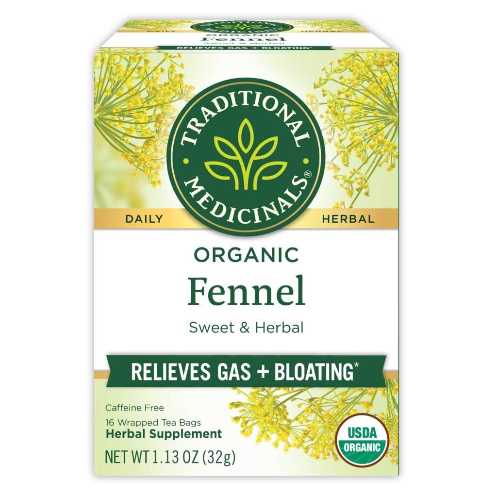 Traditional Medicinals fennel herbal tea bags in box with organic labeling