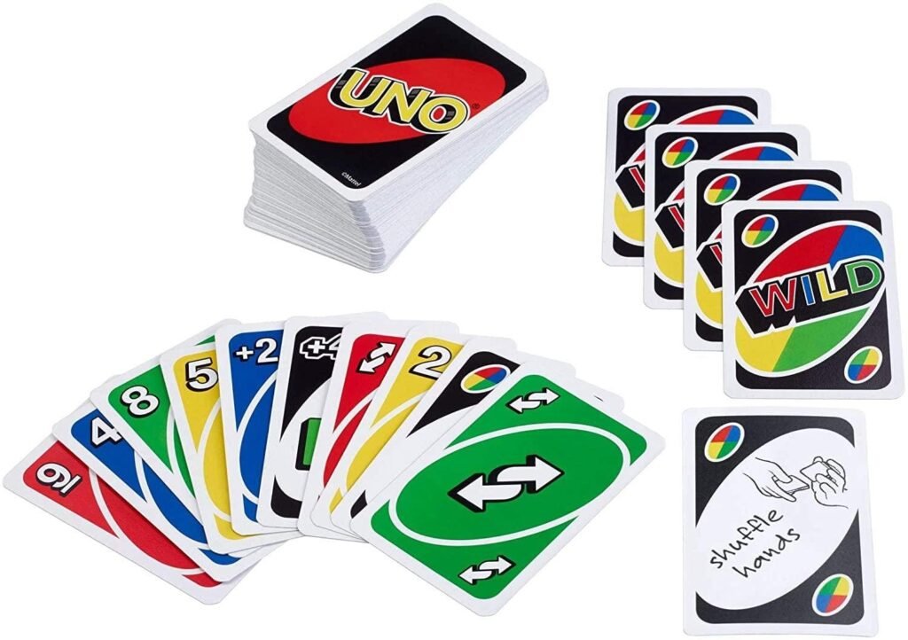 UNO card deck with colorful number cards spread in a fan shape