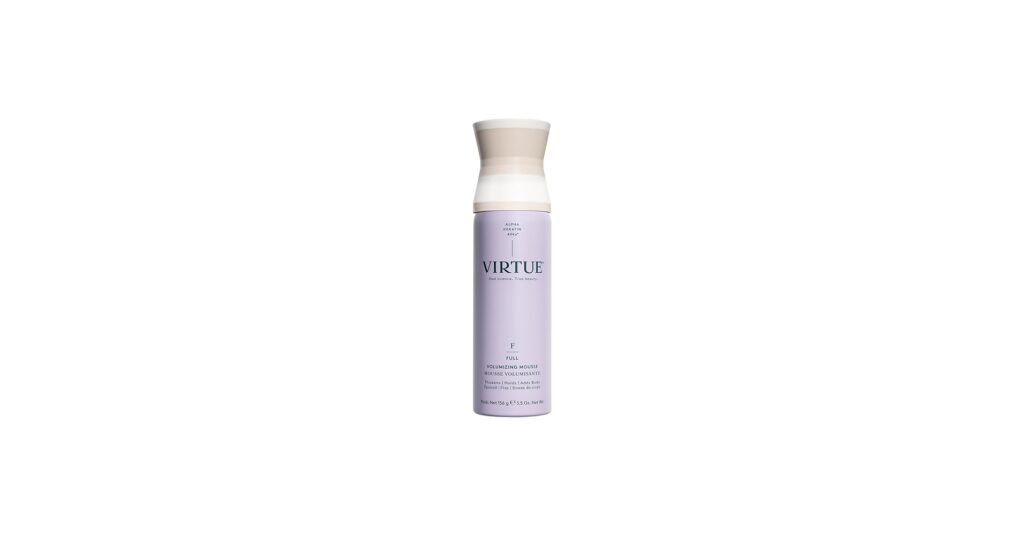 Virtue Volumizing Hair Mousse bottle with lightweight foam texture for fine curly hair styling