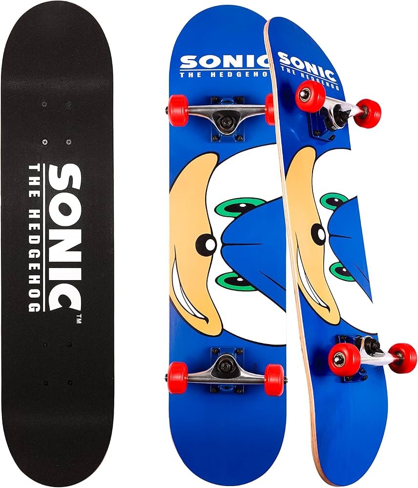 Sonic character skateboard with colorful deck graphic and 54mm wheels for kids learning to ride