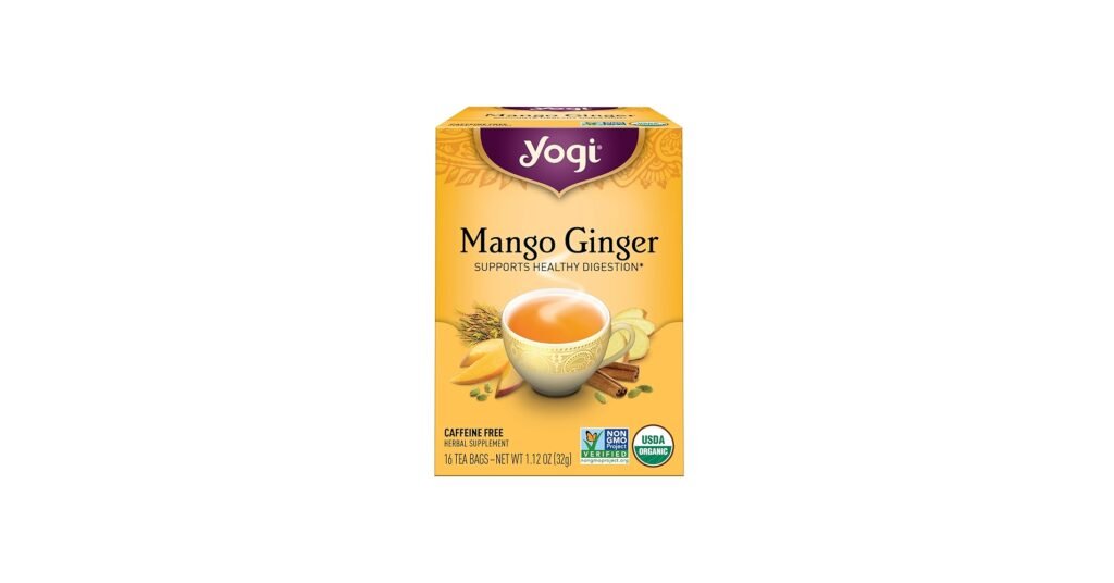 Yogi mango ginger herbal tea box with tea bags