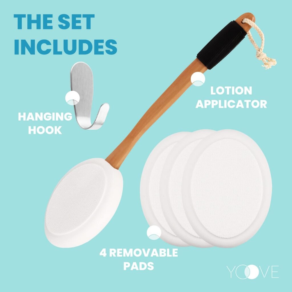 Long-handle Yoove lotion applicator with textured washable pad attached