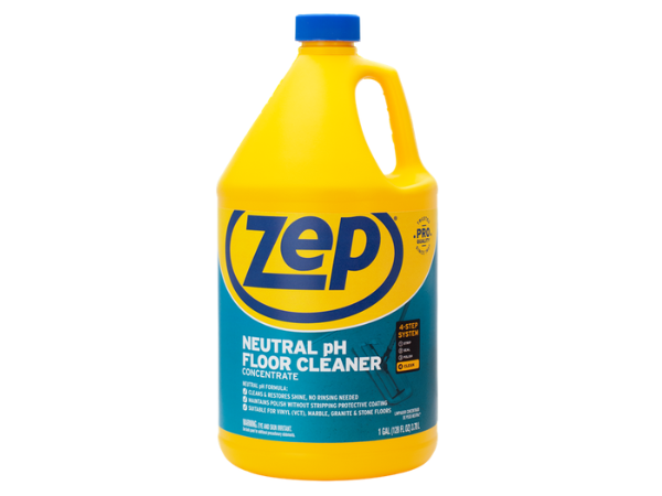 Zep neutral pH floor cleaner concentrate bottle next to a bucket and mop on vinyl plank flooring