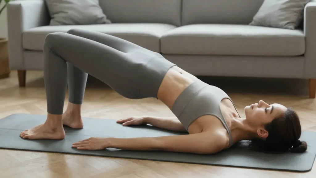 Woman performing a glute bridge exercise on a yoga mat for glute and leg strength