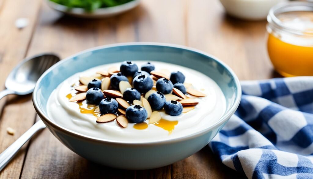 Plain Greek yogurt topped with fruit, shown as a best breakfast for weight loss protein choice.
