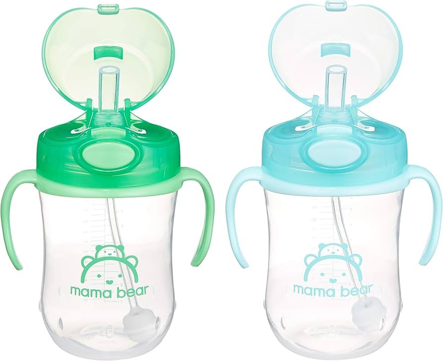 Weighted straw silicone sippy cups in blue and green, 9 ounce size, set of two on a kitchen counter