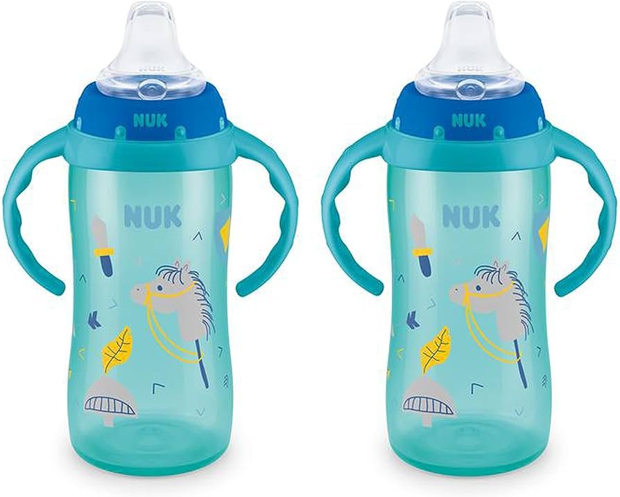 NUK learner sippy cups with soft spout, 10 ounce size, two cups on a countertop