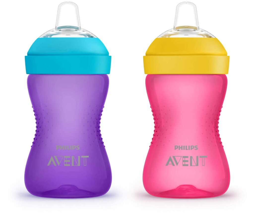 Philips Avent grippy soft spout sippy cups in pink and purple, 10 ounce size, two cups side by side