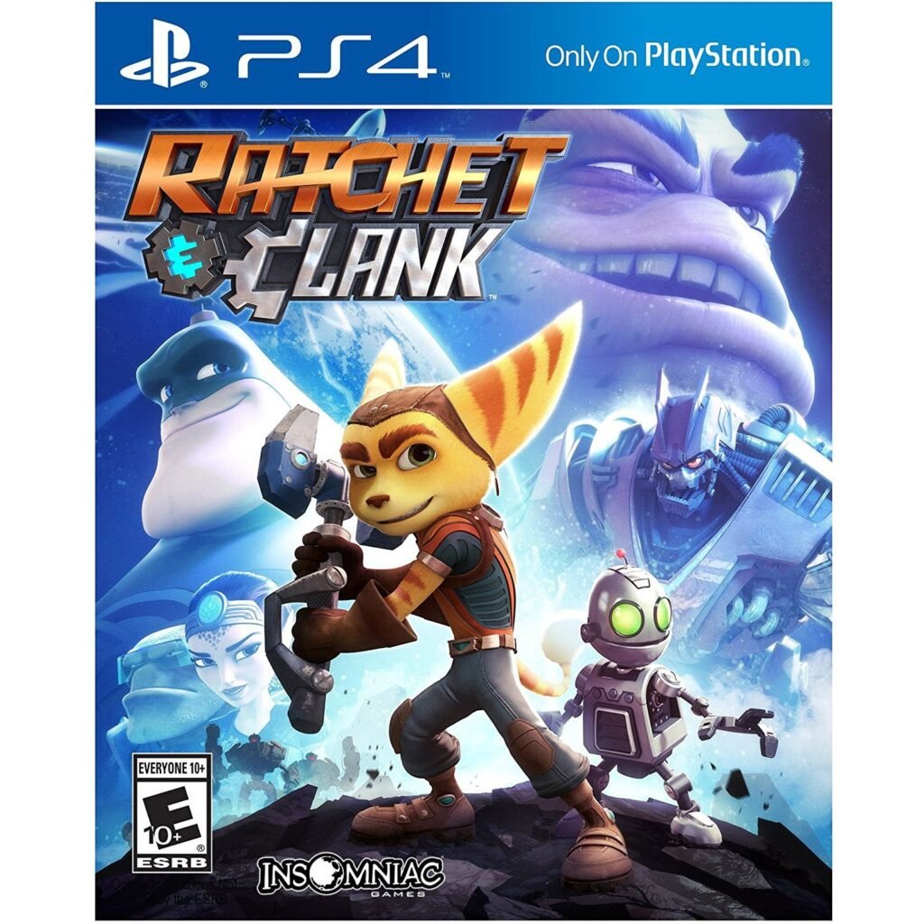 Ratchet and Clank PS4 gameplay showing colorful alien world and sci-fi weapons