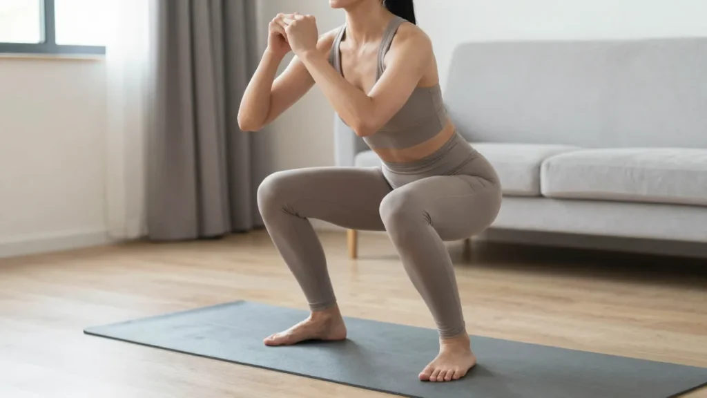 Woman performing a bodyweight squat exercise at home for leg strength training